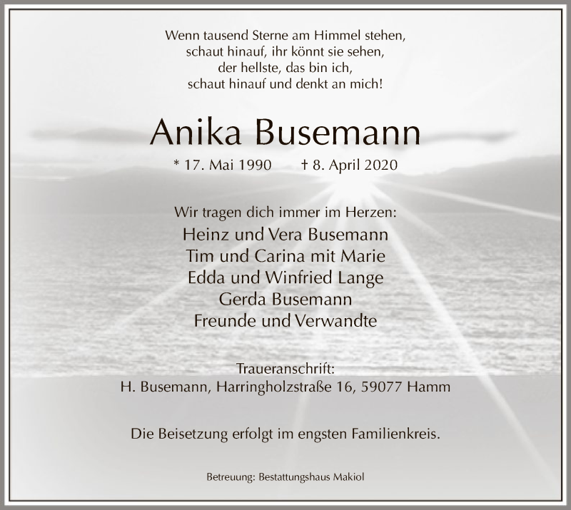  Traueranzeige für Anika Busemann vom 18.04.2020 aus MZV