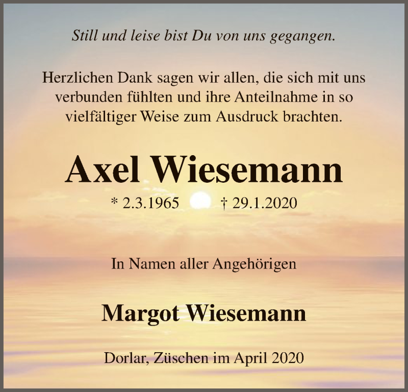 Traueranzeige für Axel Wiesemann vom 11.04.2020 aus MZV
