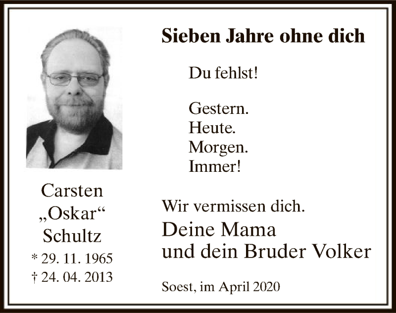  Traueranzeige für Carsten Schultz vom 24.04.2020 aus WA