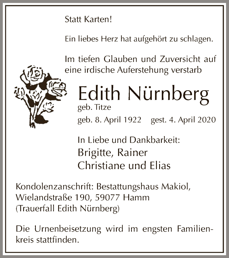  Traueranzeige für Edith Nürnberg vom 11.04.2020 aus MZV