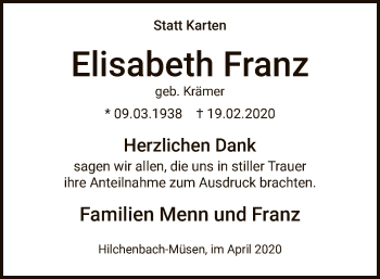 Traueranzeige von Elisabeth Franz von MZV