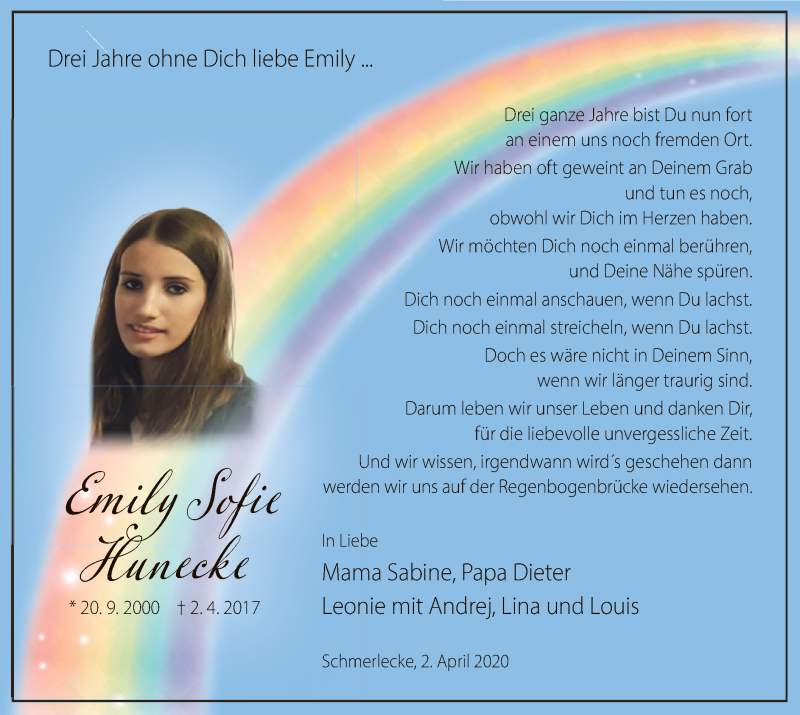  Traueranzeige für Emily Sofie Hunecke vom 02.04.2020 aus MZV