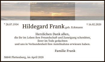 Traueranzeige von Hildegard Frank von MZV