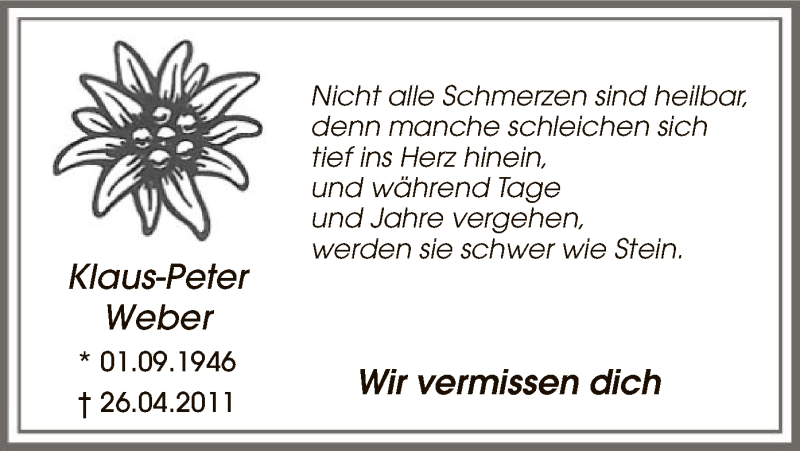  Traueranzeige für Klaus-Peter Weber vom 25.04.2020 aus WA