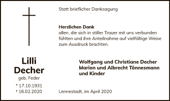 Traueranzeige von Lilli Decher von MZV