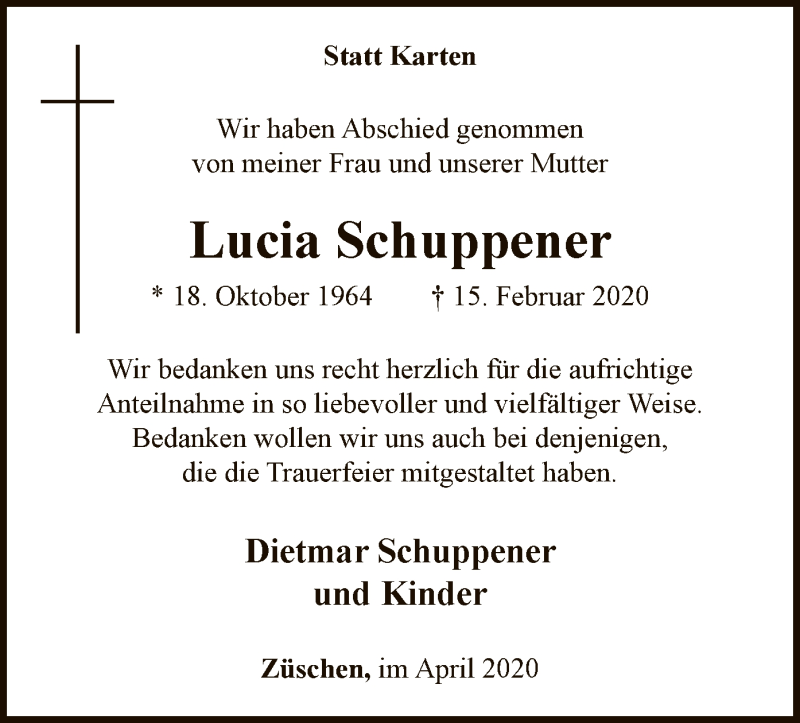  Traueranzeige für Lucia Schuppener vom 11.04.2020 aus MZV