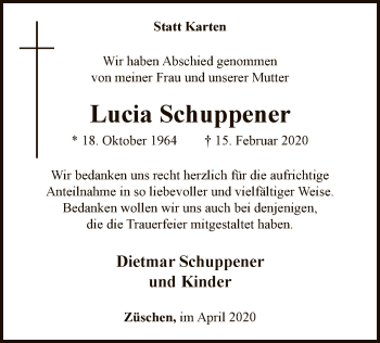 Traueranzeige von Lucia Schuppener von MZV