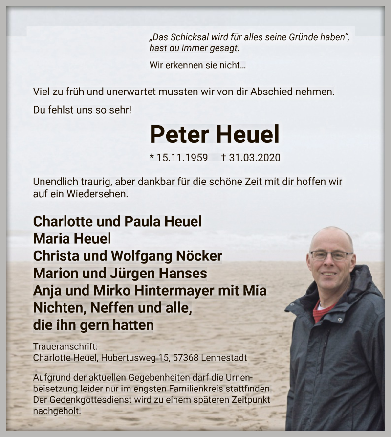  Traueranzeige für Peter Heuel vom 04.04.2020 aus MZV