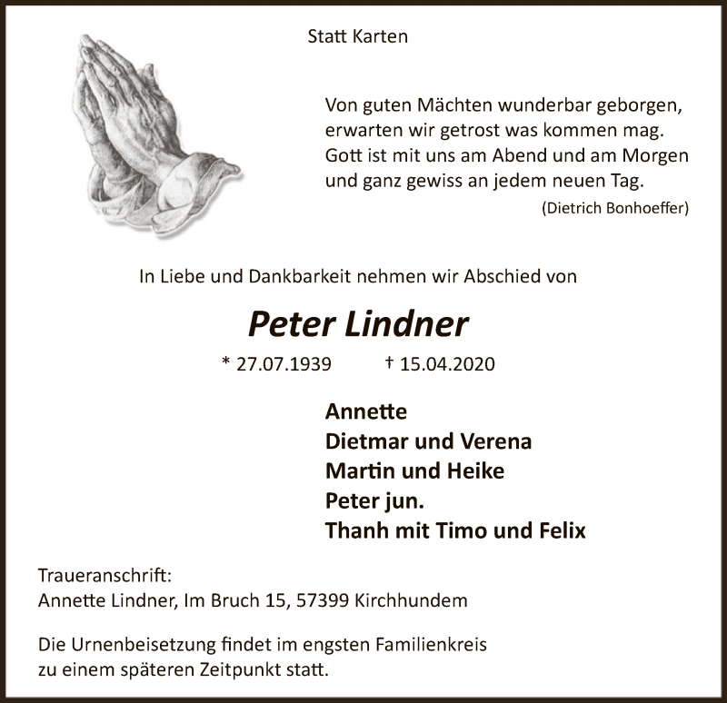 Traueranzeigen Von Peter Lindner Trauer Nrw