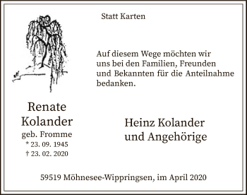 Traueranzeige von Renate Kolander von MZV