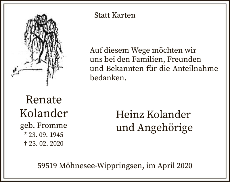  Traueranzeige für Renate Kolander vom 18.04.2020 aus MZV