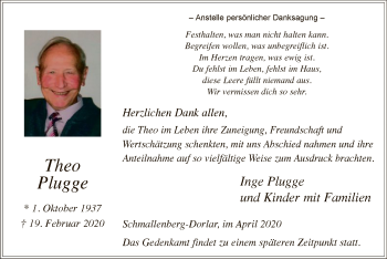 Traueranzeige von Theo Plugge von MZV