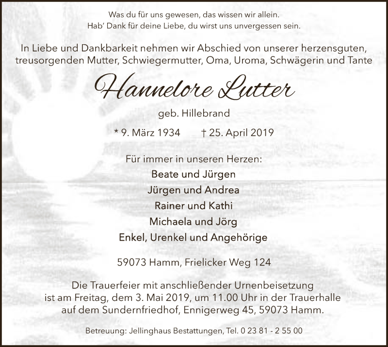  Traueranzeige für Hannelore Lutter vom 27.04.2019 aus WA