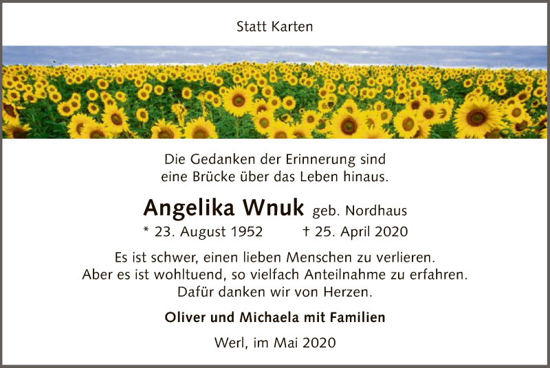  Traueranzeige für Angelika Wnuk vom 30.05.2020 aus WA