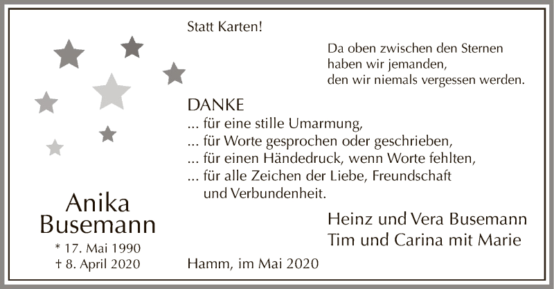  Traueranzeige für Anika Busemann vom 23.05.2020 aus WA