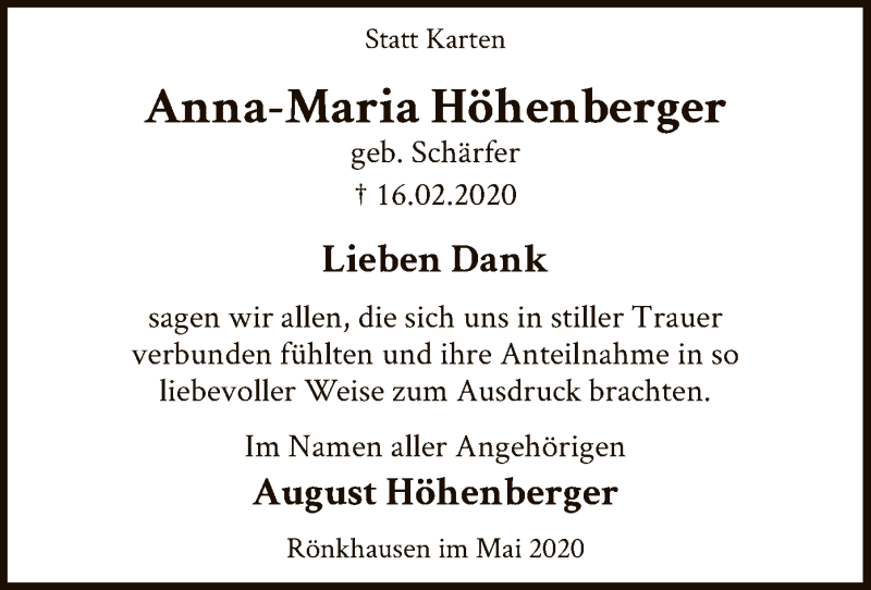  Traueranzeige für Anna-Maria Höhenberger vom 02.05.2020 aus WA