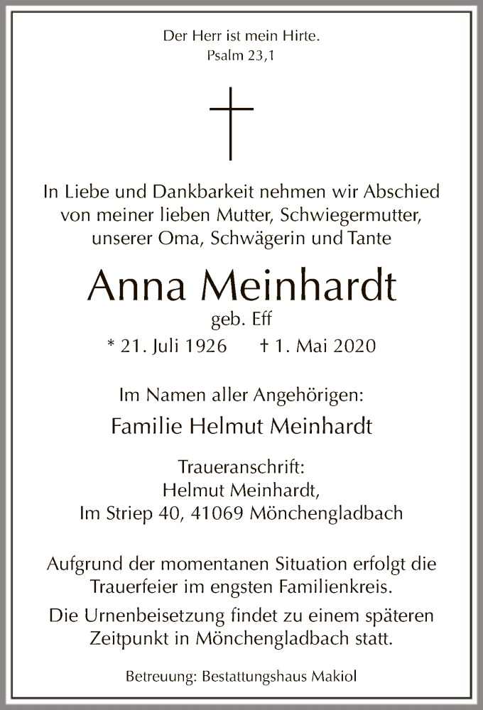  Traueranzeige für Anna Meinhardt vom 05.05.2020 aus WA