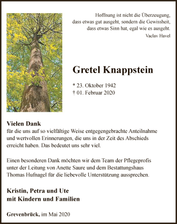 Traueranzeige von Gretel Knappstein von WA