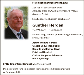 Traueranzeige von Günther Herden von WA