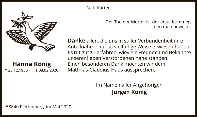  Traueranzeige für Hanna König vom 15.05.2020 aus WA