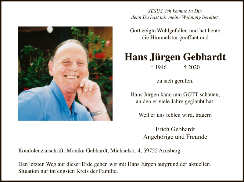  Traueranzeige für Hans Jürgen Gebhardt vom 23.05.2020 aus WA