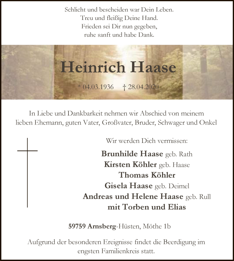  Traueranzeige für Heinrich Haase vom 02.05.2020 aus WA