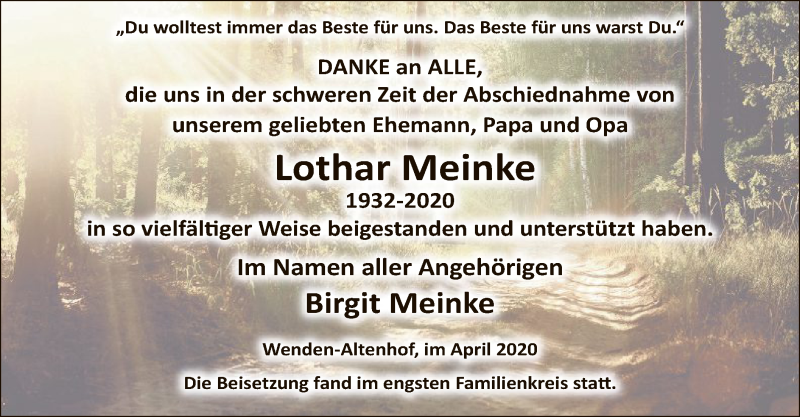  Traueranzeige für Lothar Meinke vom 09.05.2020 aus WA