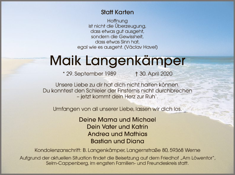  Traueranzeige für Maik Langenkämper vom 07.05.2020 aus WA
