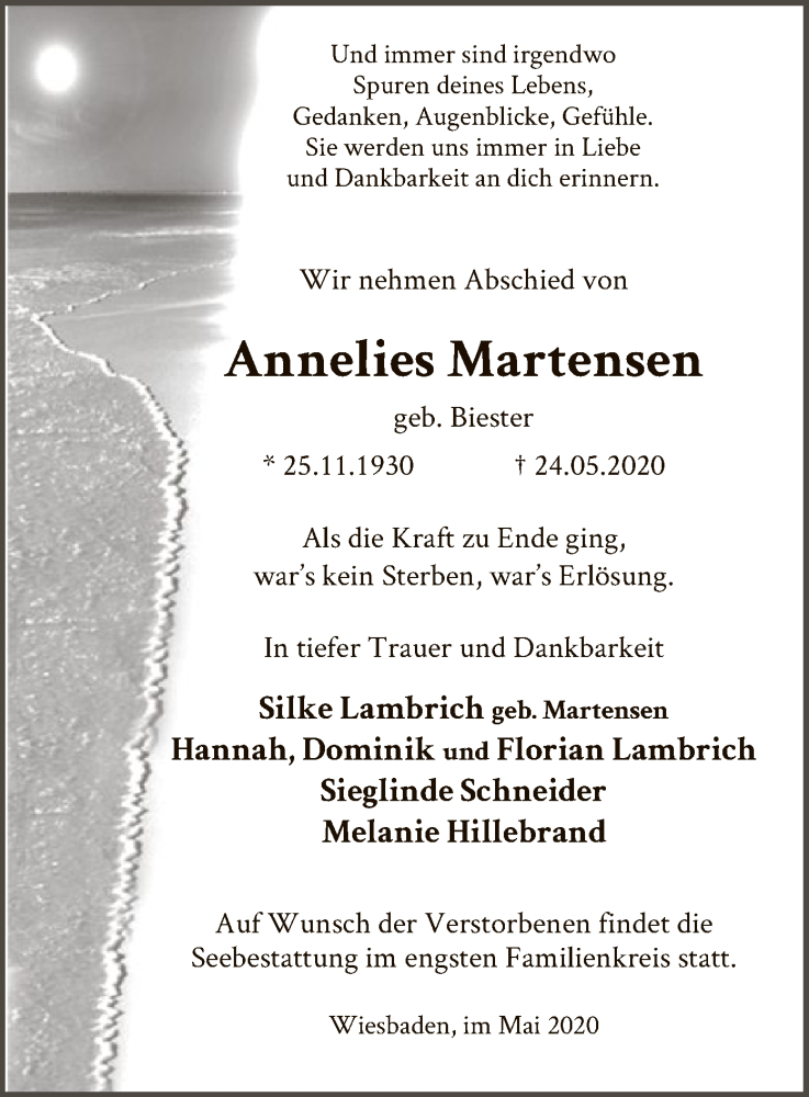  Traueranzeige für Annelies Martensen vom 03.06.2020 aus WA