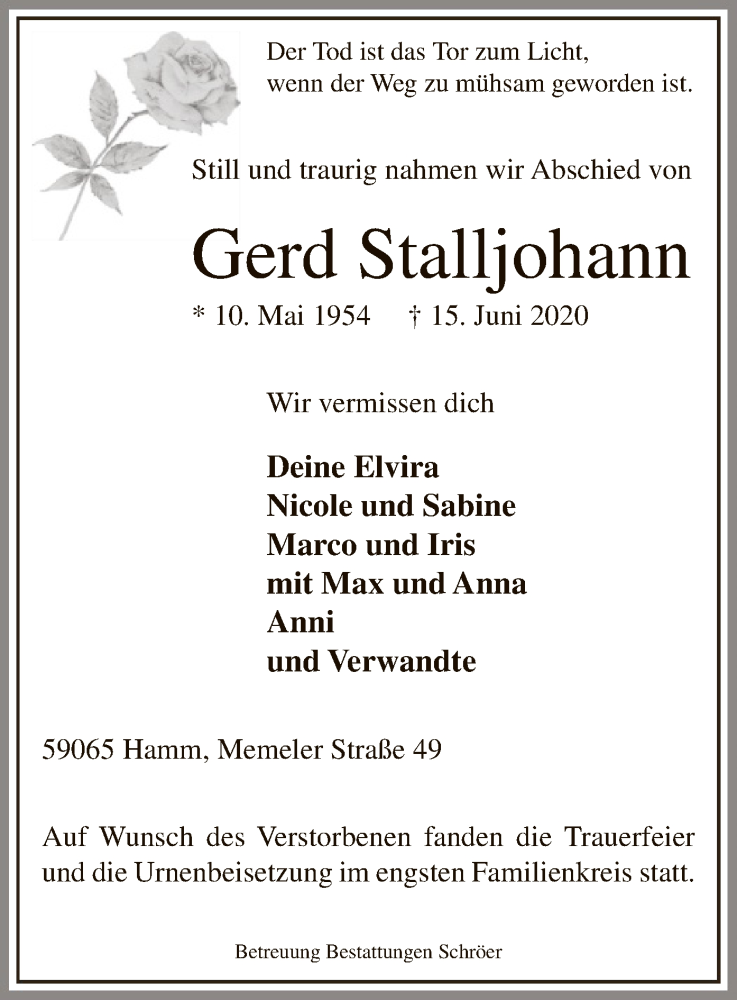  Traueranzeige für Gerd Stalljohann vom 27.06.2020 aus WA