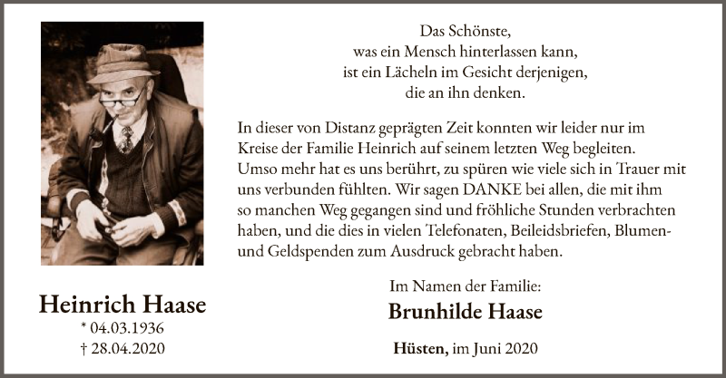  Traueranzeige für Heinrich Haase vom 13.06.2020 aus WA