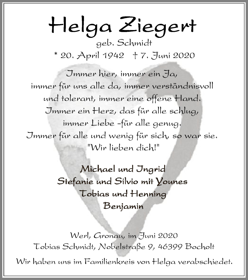  Traueranzeige für Helga Ziegert vom 13.06.2020 aus WA