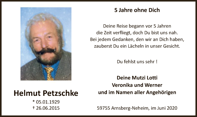  Traueranzeige für Helmut Petzschke vom 27.06.2020 aus WA