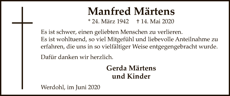  Traueranzeige für Manfred Märtens vom 27.06.2020 aus WA