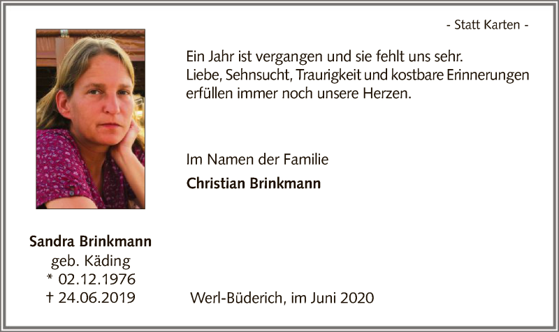  Traueranzeige für Sandra Brinkmann vom 24.06.2020 aus WA