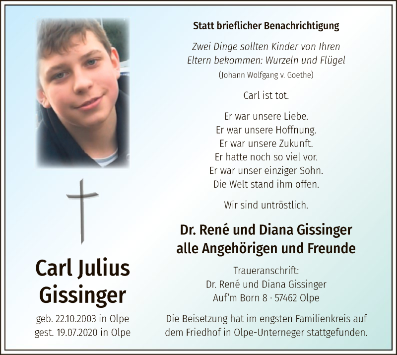  Traueranzeige für Carl Julius Gissinger vom 25.07.2020 aus WA