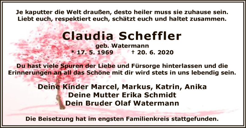  Traueranzeige für Claudia Scheffler vom 18.07.2020 aus WA