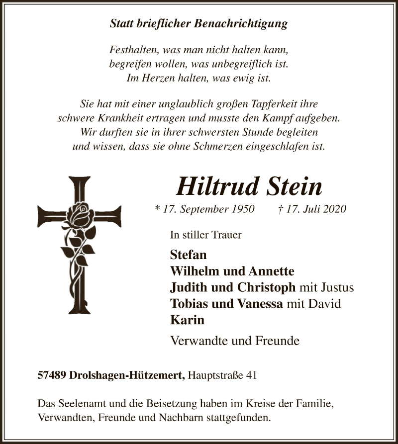  Traueranzeige für Hiltrud Stein vom 25.07.2020 aus WA