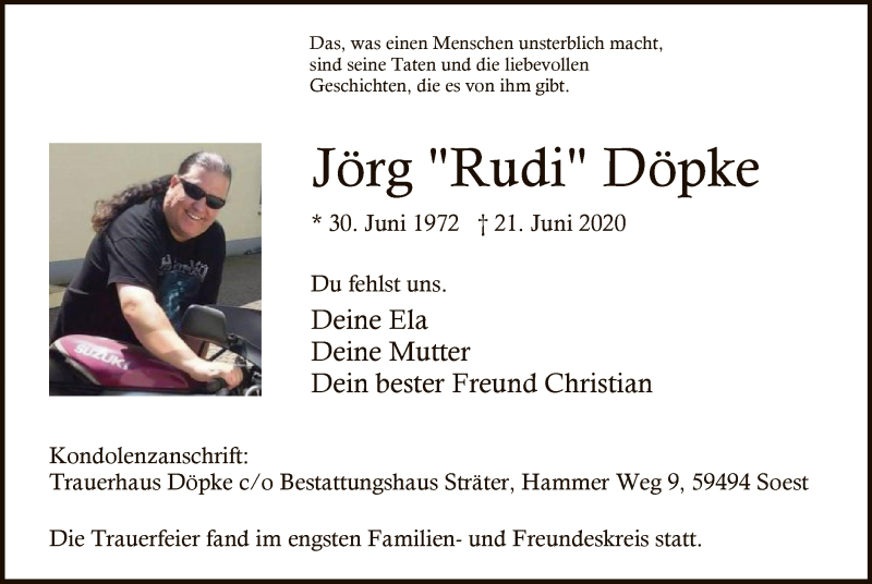  Traueranzeige für Jörg Döpke vom 04.07.2020 aus WA