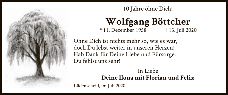 Traueranzeige für Wolfgang Böttcher vom 13.07.2020 aus WA