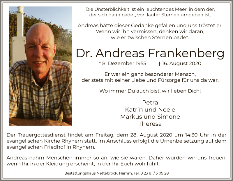  Traueranzeige für Andreas Frankenberg vom 22.08.2020 aus WA
