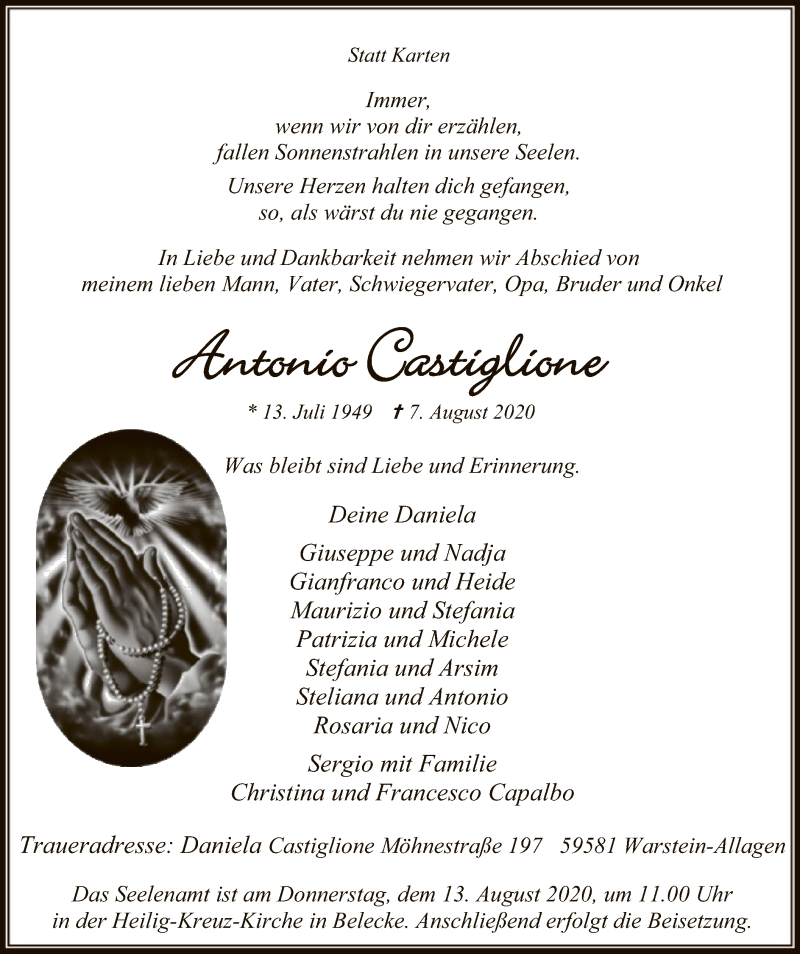  Traueranzeige für Antonio Castiglione vom 11.08.2020 aus WA