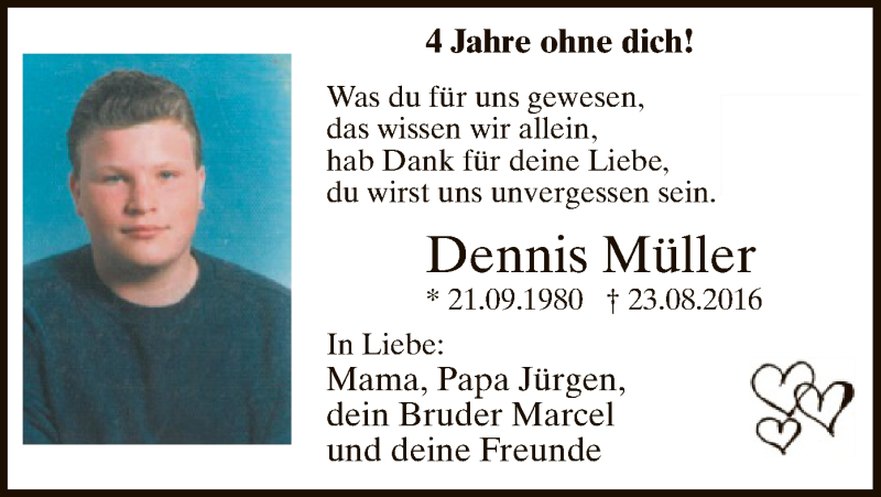  Traueranzeige für Dennis Müller vom 29.08.2020 aus WA