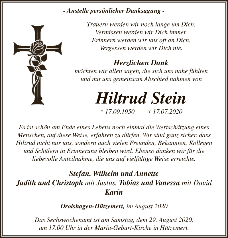  Traueranzeige für Hiltrud Stein vom 22.08.2020 aus WA