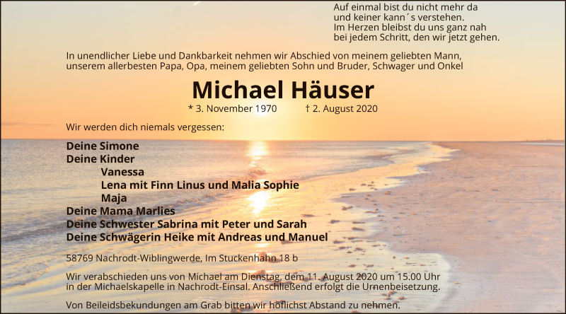  Traueranzeige für Michael Häuser vom 08.08.2020 aus WA