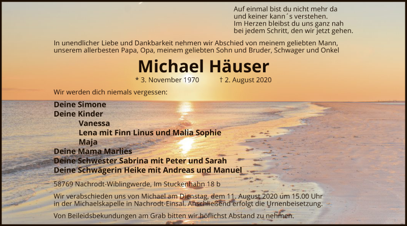  Traueranzeige für Michael Häuser vom 07.08.2020 aus WA