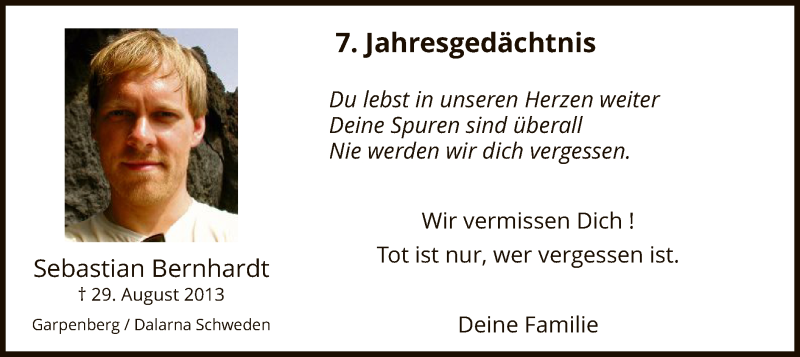 Traueranzeige für Sebastian Bernhardt vom 29.08.2020 aus WA