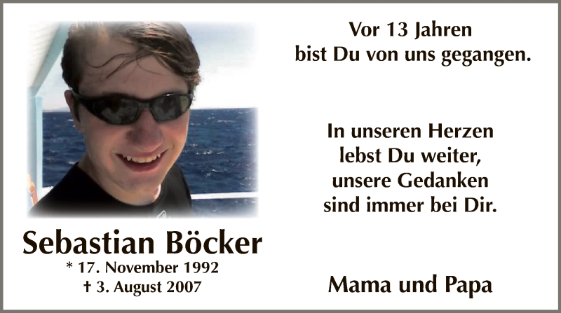  Traueranzeige für Sebastian Böcker vom 03.08.2020 aus WA