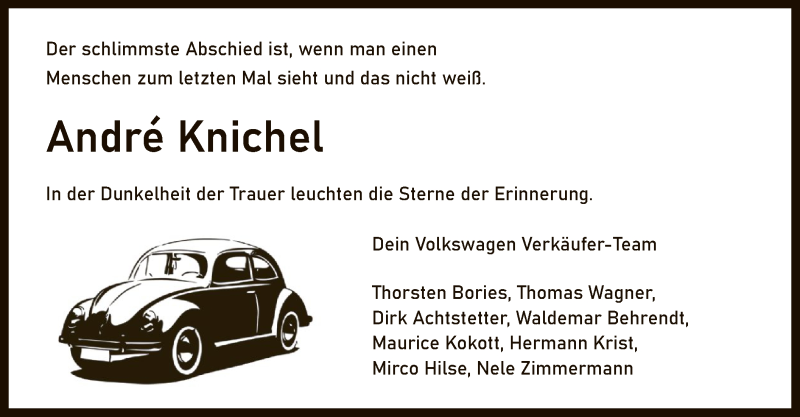  Traueranzeige für Andre Knichel vom 12.09.2020 aus WA