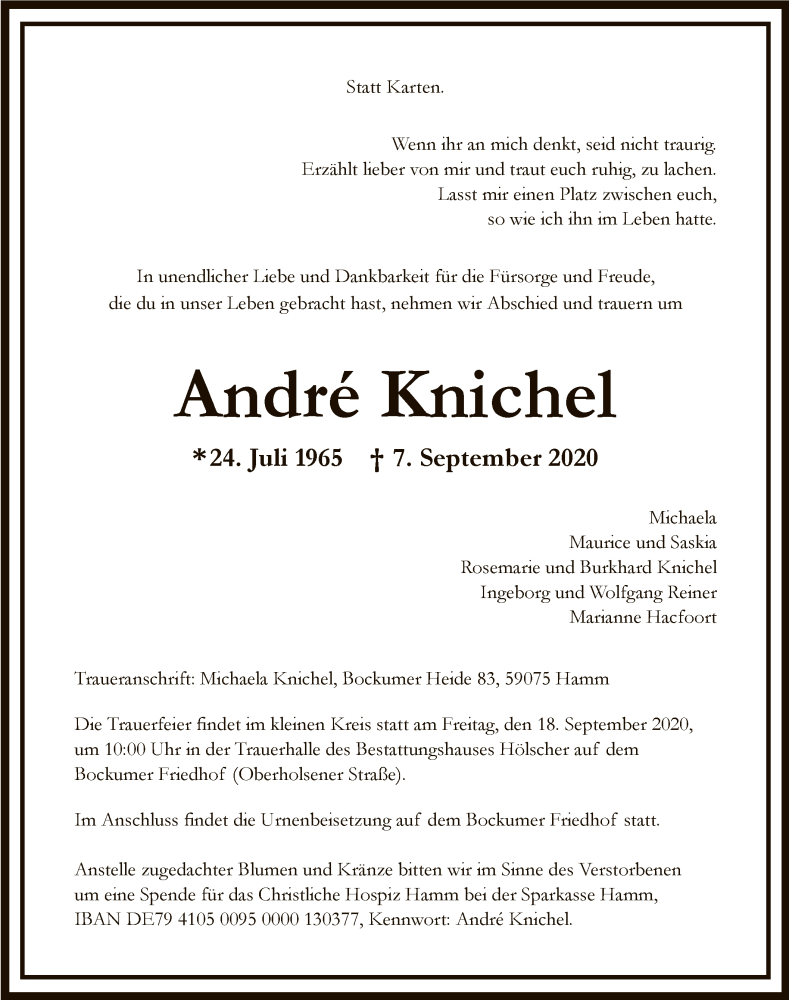  Traueranzeige für Andre Knichel vom 12.09.2020 aus WA